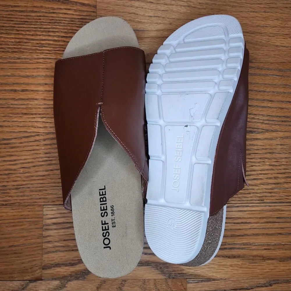 Josef Seibel Quinn Leather Slip On Comfort Wedge Sandal Brown EU 41 US 10 10.5
